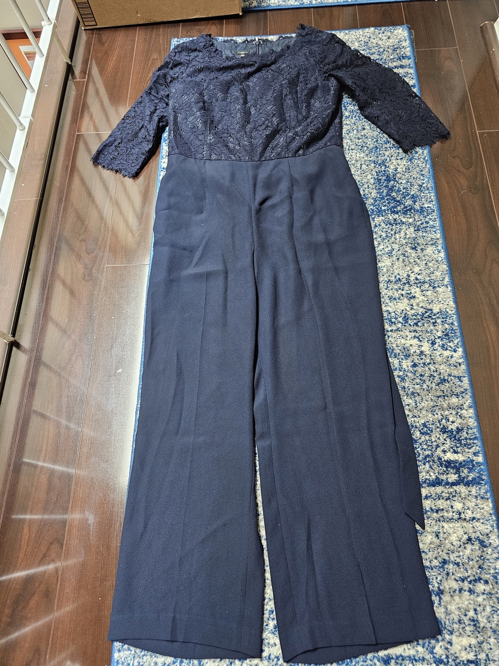 Talbots Navy Lace Bodice Wide-Leg Jumpsuit with Three-Quarter Sleeves